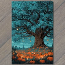 POSTCARD Glowing Pumpkin Patch Under Enchanted Tree Lanterns Halloween Night