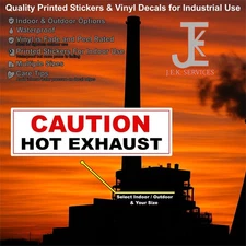 Caution Hot Exhaust Decal (Indoor or Outdoor Use) White, Black, Red