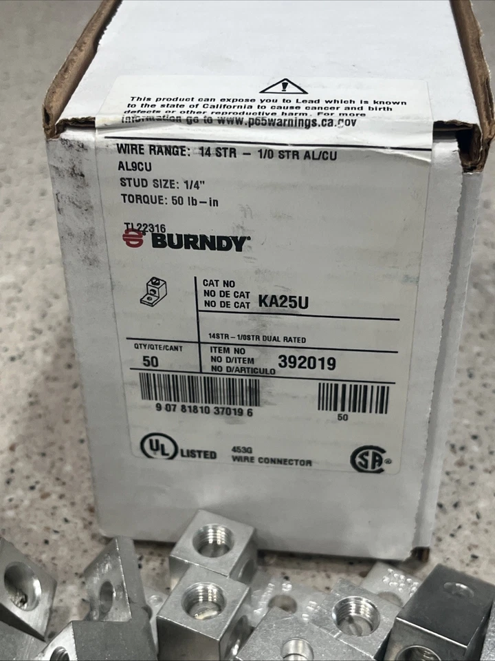 (50) Burndy KA25U Terminal Lug 14STR-1.0STR Aluminum /Copper 1/4" Stud NEW BOX - Image 2 of 4