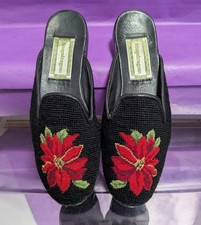 Anthropologie Snapdragon Black Embroidered Flower Leather Sole Slippers Size M