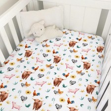 Farm Animals Baby Crib Fitted Sheet 52''x28'' Yak Cow Pigs Rooster Hens Sunfl...