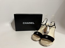 Vtg Chanel 10C Black Suede CC Logo Platform Sandal Heels 37.5