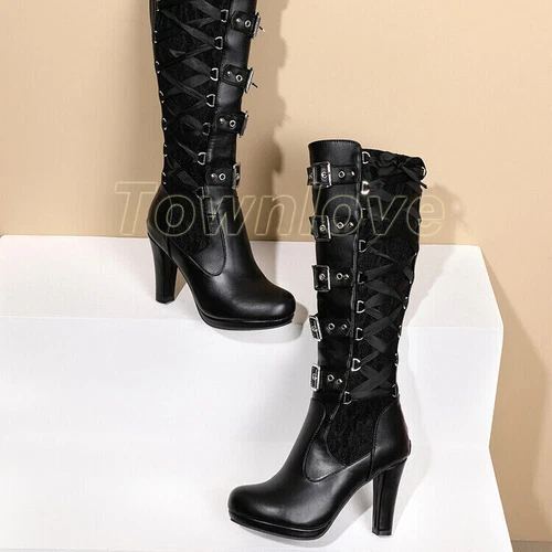 Victorian Women High Heel Gothic Tall Lace Up Knee High Steampunk Pirate Boots - Picture 19 of 22