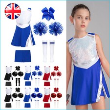 UK Kids Girls Cheerleading Outfits Uniforms With Pom Poms Headwear Dance Outfit
