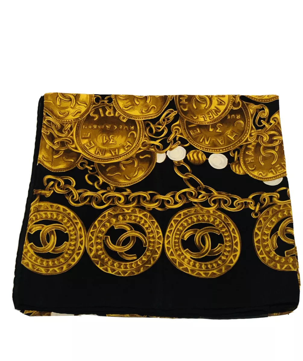 CHANEL CC Logo Silk Medallion Scarf Black Gold