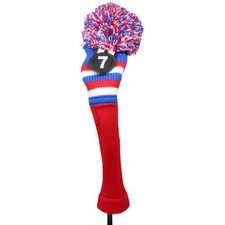 Majek Golf Red White Blue 7 Hybrid Pom Pom Knit Rescue Utility Club Head Cover