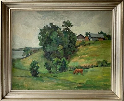 Ölbild Impressionist Sommerlandschaft mit Kühen 1937 Skandinavien signiert - Bild 1 von 4
