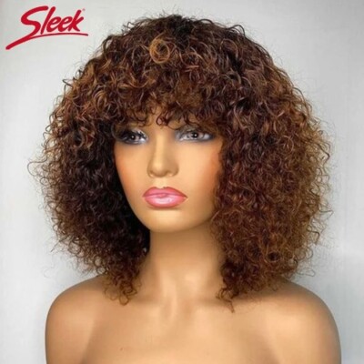 Short Pixie Bob Cut Human Hair Wigs With Bangs Jerry Curly Non lace front Wig