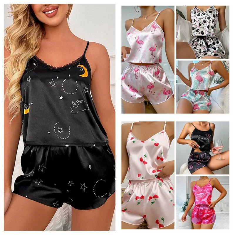 Ladies Women Satin Silk Pyjamas Set Lace Cami Vest Shorts Lingerie Sleepwear  Pjs