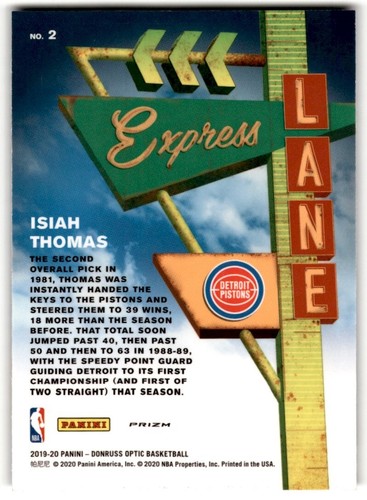 2019-20 Donruss Optic Express Lane Prizm Isiah Thomas #2 Detroit Pistons - Picture 2 of 2