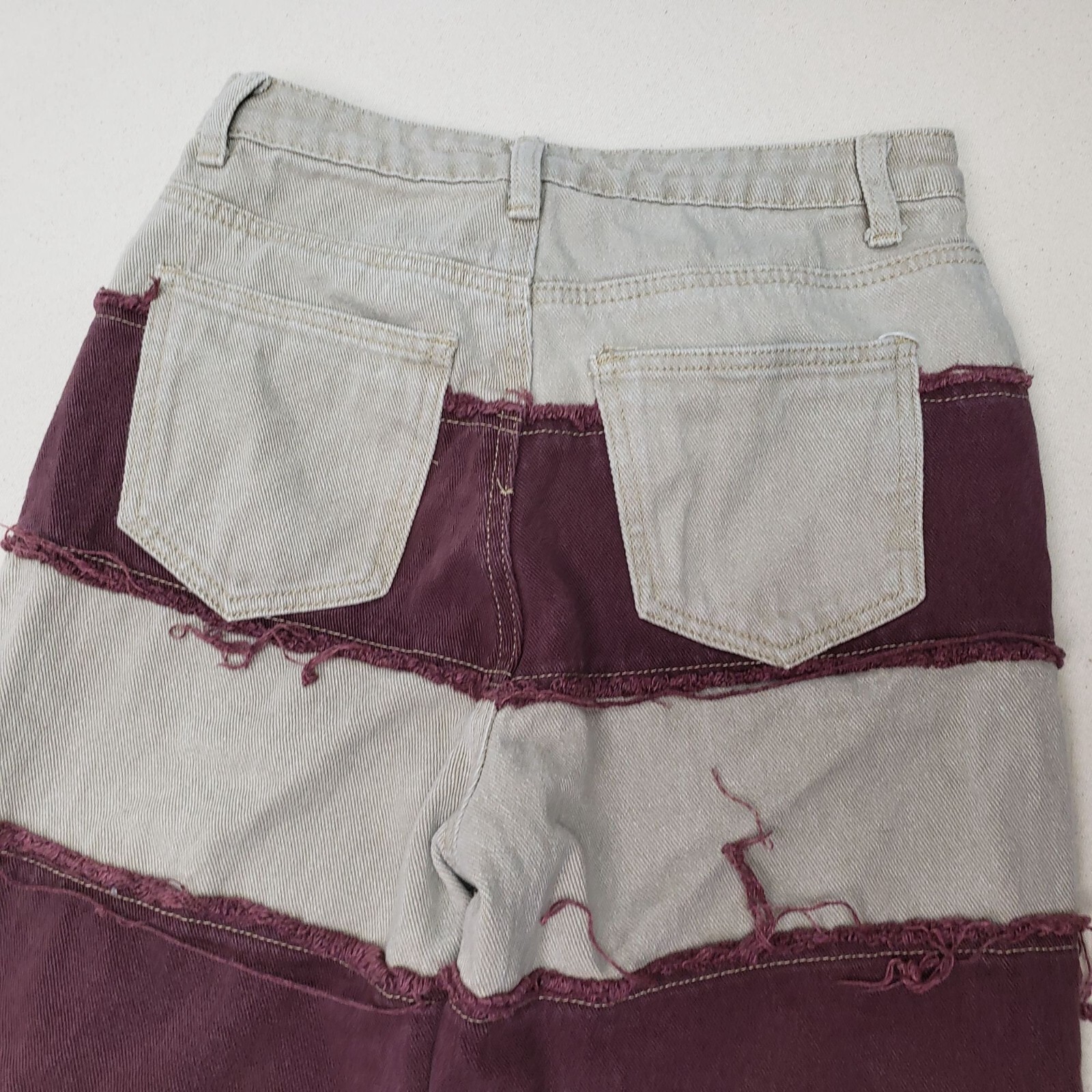 Shein Two-Tone Patchwork Denim Maroon/Bone Straig… - image 4