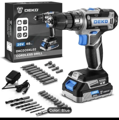 DEKO 20V Cordless Drill Set with 1.5 Ah, Li-Ion Battery, 18+1 Torque Settings,
