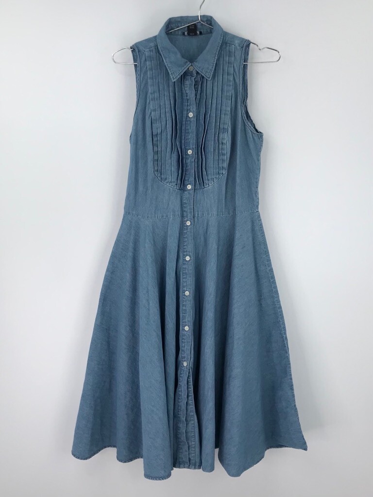 American Living Women Midi Blue Chambray Denim Shirt Dress Pleated Sleeveless 10