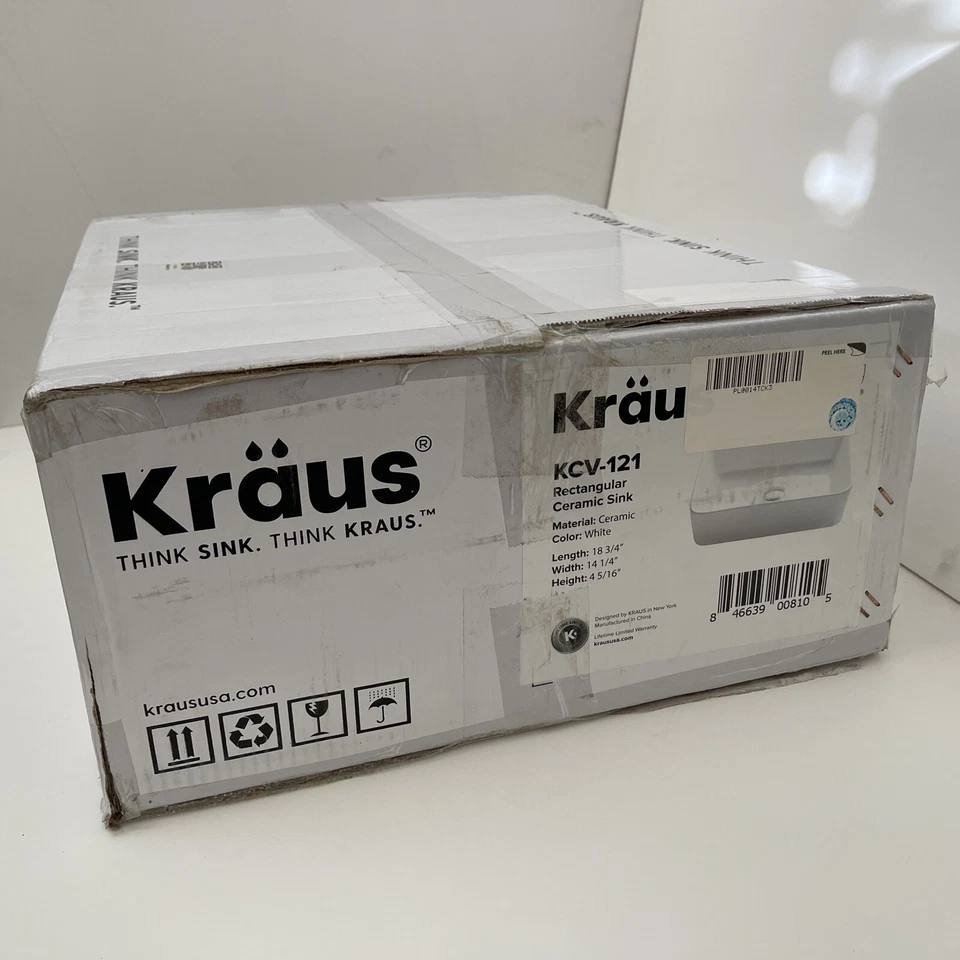 Fregadero de baño de cerámica rectangular blanco Kraus KCV-121 Foto 3 de 4