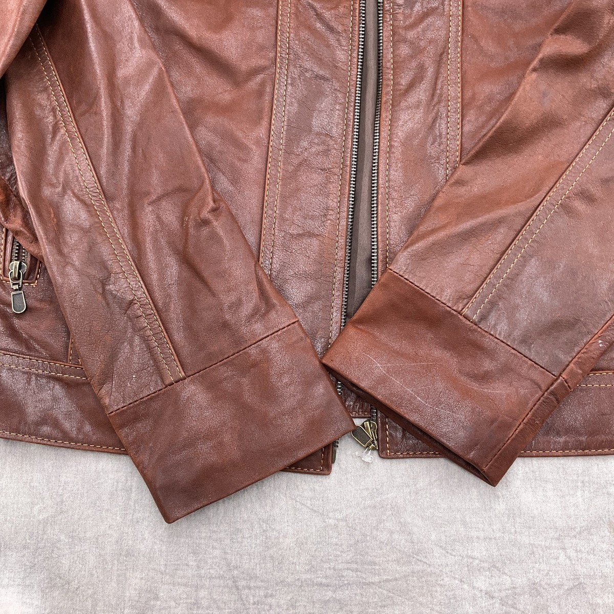 Chabi Jacket Men 42 Rust Brown Leather Hood Lined Full Zip Chabi Jacket Men 42 Rust Brown Leather Hood Lined Full Zip