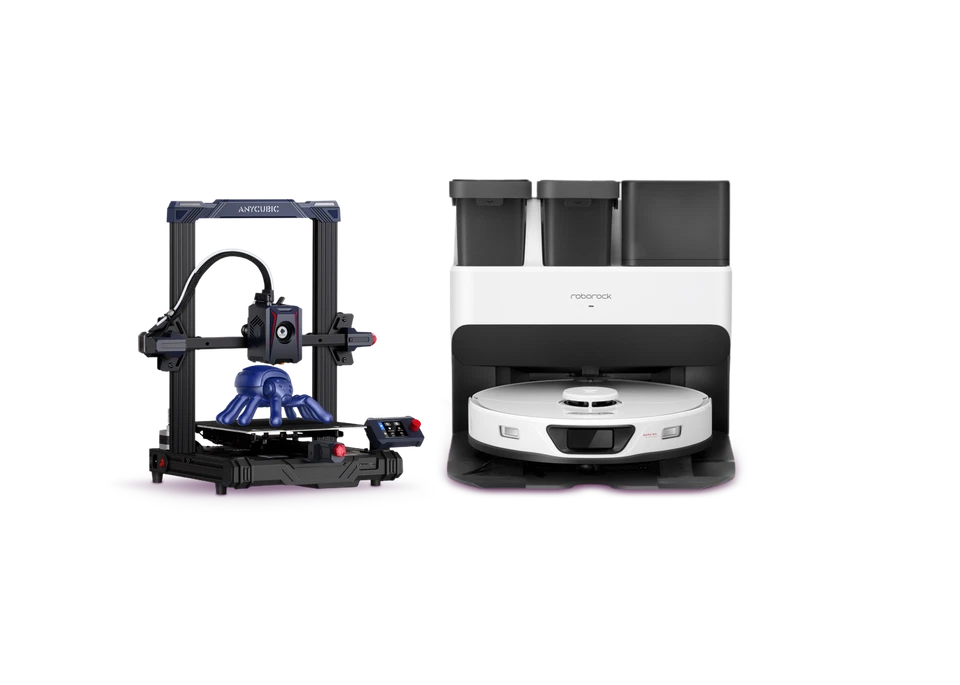 An Anycubic Kobra 2 Neo 3D Printer next to a Roborock S7 Max Vacuum Cleaner. Both items are on a pink background. The eBay logo is in the top left.