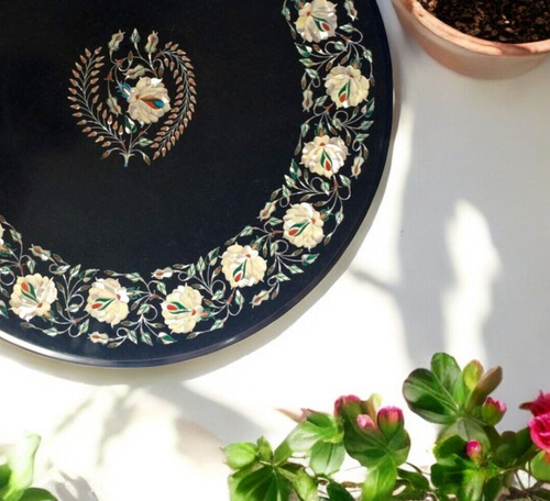 Mesa central de mármol negro de 24" con incrustación floral de artes modernas jardín y hotel de - Imagen 5 de 8