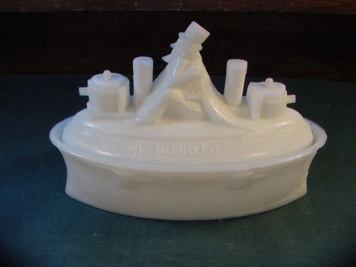 Antique Uncle Sam on Battleship Nest Milk Glass Lidded Covered Dish CD13