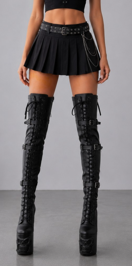 "Rapture 3028 Black Matte 3D Skull & Bones 8\" High Heel Platform Thigh Boots"