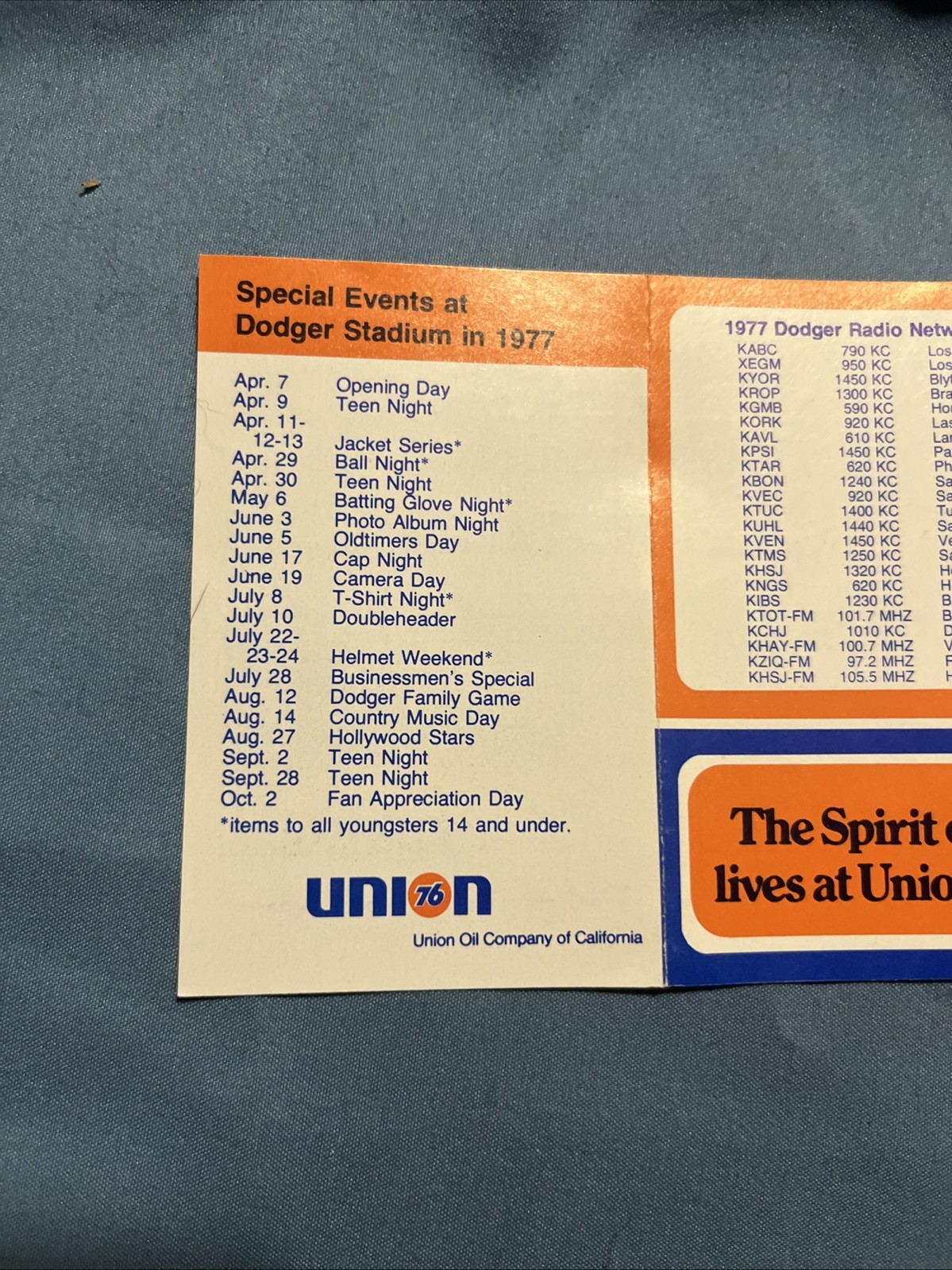 POCKET SCHEDULE MLB 1977 LOS ANGELES DODGERS UNION 76 “SPIRIT of 76”