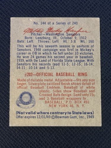 1949 BOWMAN BASEBALL CARD #144 MILTON MICKEY HAEFNER EXMT+ - Picture 2 of 2