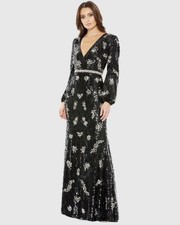 Mac Duggal Embellished Wrap Over Bishop Sleeve Gown Blk MSRP $1586 NWT- Size 10
