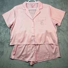Juicy Couture Pajama Set Womens XL Pink Satin Short Sleeve Shorts Rhinestone Y2K