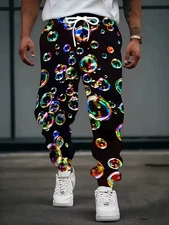 Multicolor Bubble Pattern on Black Print Sweatpants with Drawstring & Pockets