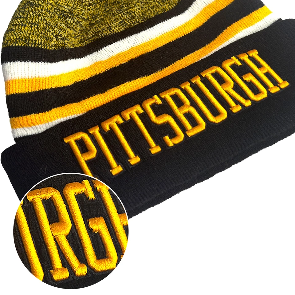 Pittsburgh Football Embroidery Skull Cap Winter Warm Beanie Pom Knit Stocking - Image 4 of 4