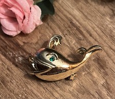 VTG Heavy Gold Tone Whale Brooch Green Rhinestone Eye Water Spout Figural Pin