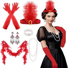 9 Pcs 1920s Accessories Set Flapper Headband Necklace Earrings Long Red Glove...