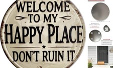 Welcome Sign for Front Door Round Metal Welcome to My Happy Place Plaque for