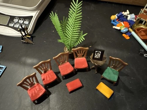 Vintage Playmobil Furniture 5 Chairs 2 Footstools Table And More