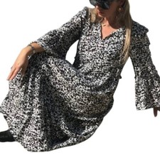 ZARA Black White Daisy Print Tiered Midi Print Dress SML Bell Sleeve Boho Flowy