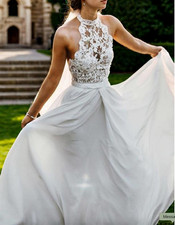 A-Line/Princess Chiffon Halter Lace Sleeveless Floor-Length Wedding Dress Size12