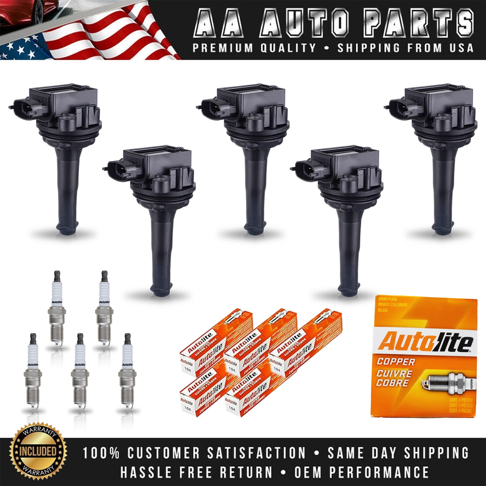 5 Ignition Coil  5 Autolite Spark Plug for 2003-2006 Volvo V70 2.5L l5 UF341