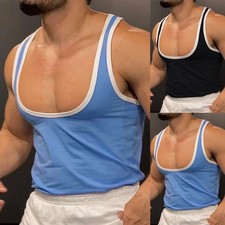 Summer Deep U-Neck Tank Top for Gym Men Sports Training Sleeveless T-Shirt Vest
