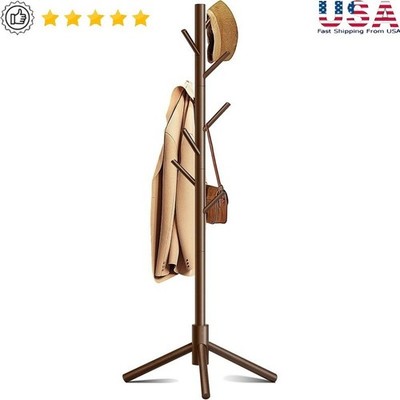 Freestanding Coat Rack W/ 8 Hooks Adjustable Height Wooden Hanger Space Saver US