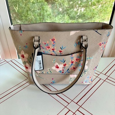 GUESS Taupe Floral Logo Vinyl Tote Bag Purse NWT Large Shopper