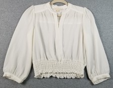 monteau Los Angeles Top Women’s Medium M White 3/4 Sleeve Sheer Smock Hem Crepe