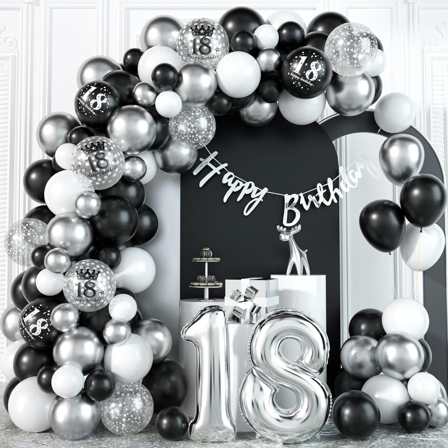 18th Birthday Decorations Black Silver Balloons Arch Kit with Number Foil Confe