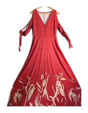 SHEIN Womens Red Floral Cold Shoulder Long Dress 59in Length Size L Regular Fit