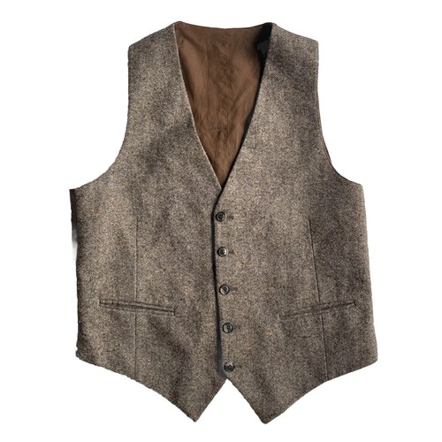 Yves Saint Laurent Logo Waistcoat Vest Brown Tweed Wool Cinch Back *Small