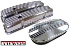 Small Block Chevy 283-350 Short Polished Finned Valve Covers+15" Air Cleaner Kit