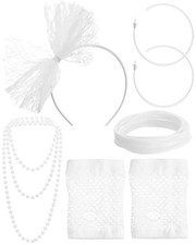 80s Costume Accessories for Women Lace Headband Earrings Fishnet Gloves White