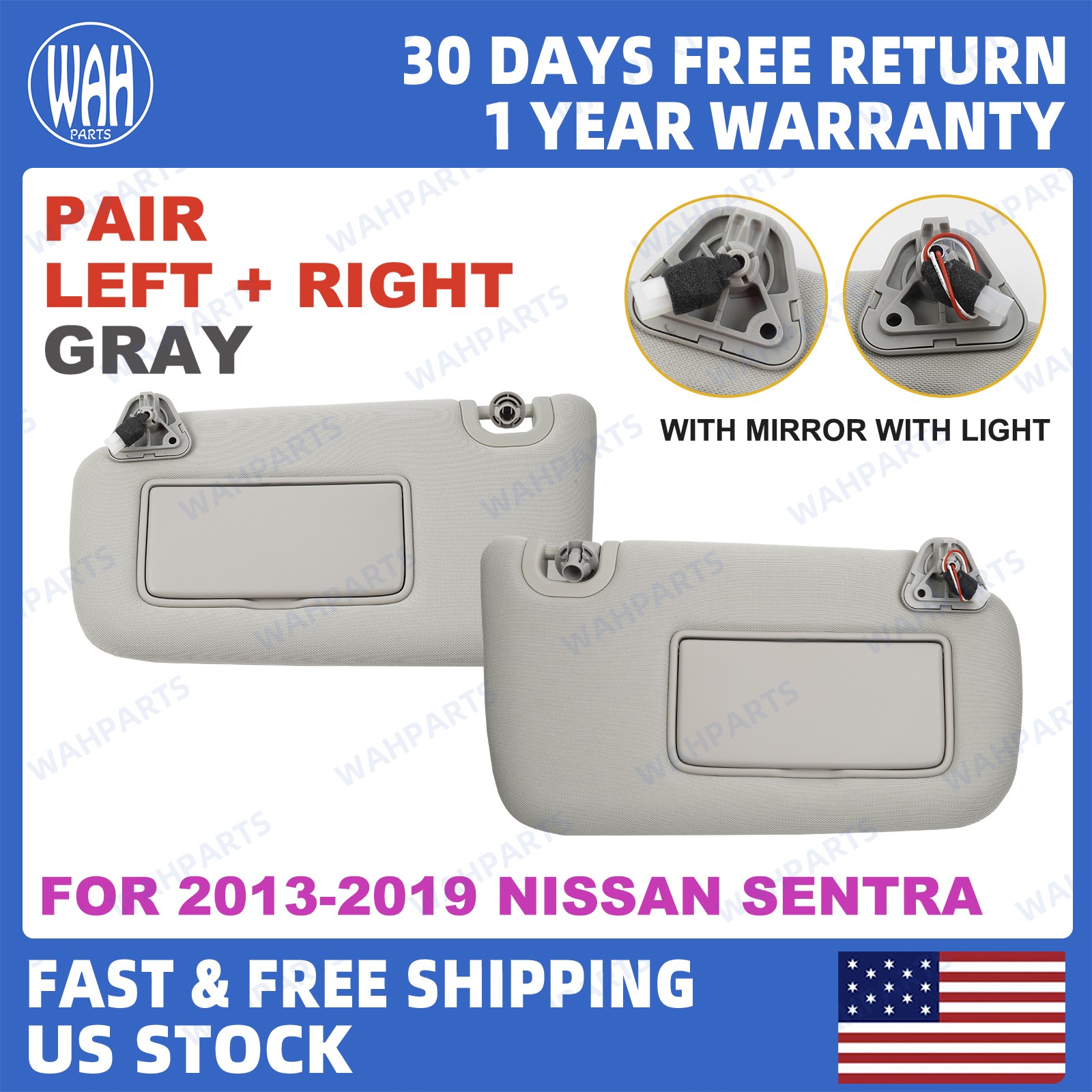 Pair For 2013-2019 Nissan Sentra Left & Right Gray Sun Visor w/ Mirror Light