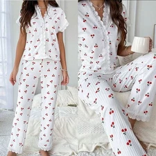 Stylish 2 Piece Women Pajama Set with Lace Trim For Cherry Print Top and Pants
