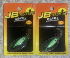 2 Packs JB Lures Weasel Ice Fishing Jigs 1/8oz Glow Green With Glow Bones