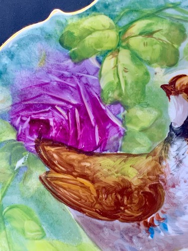 ANTIQUE LIMOGES PLATE PLAQUE GAME BIRD PHEASANT SIGNED EMBOSSED GOLD ROSE FLOWER - Picture 12 of 12