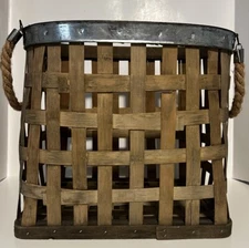 Basket Large Rustic Farmhouse Brown Wood & Metal Storage 11 1/2"H x 8"W by 12"L